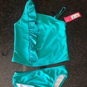 Xhilaration Girls Swimsuit NWT Bikini, M 7 - 8 in Turquoise with Sparkly Ruffle